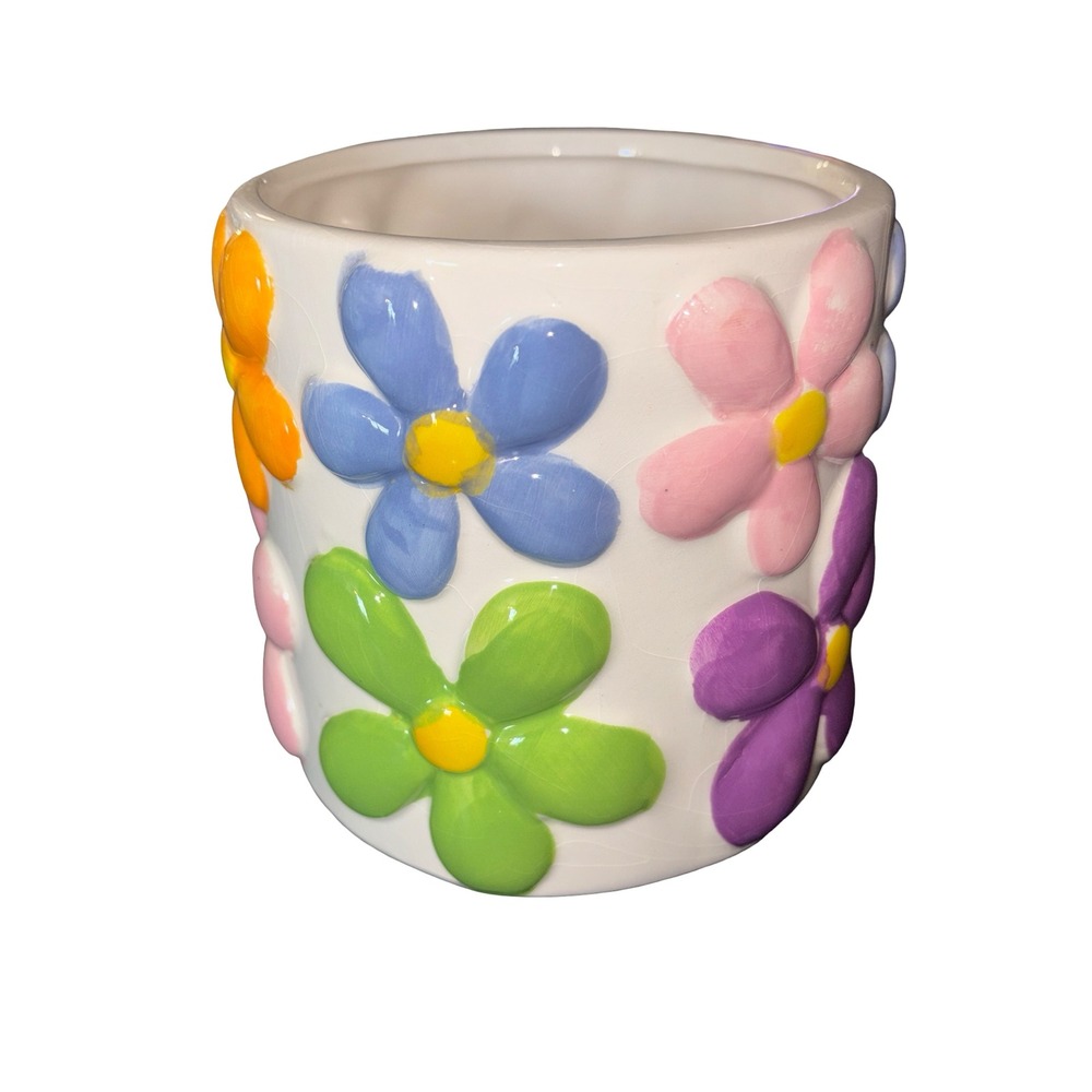 Colorful 3D Embossed Floral Ceramic Planter Off-White Flower Pot Retro Decor